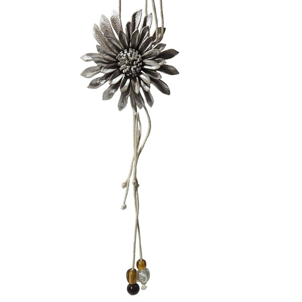 Handcrafted Silver Flower Beaded Cord Necklace Statement Fashion Jewelry Women